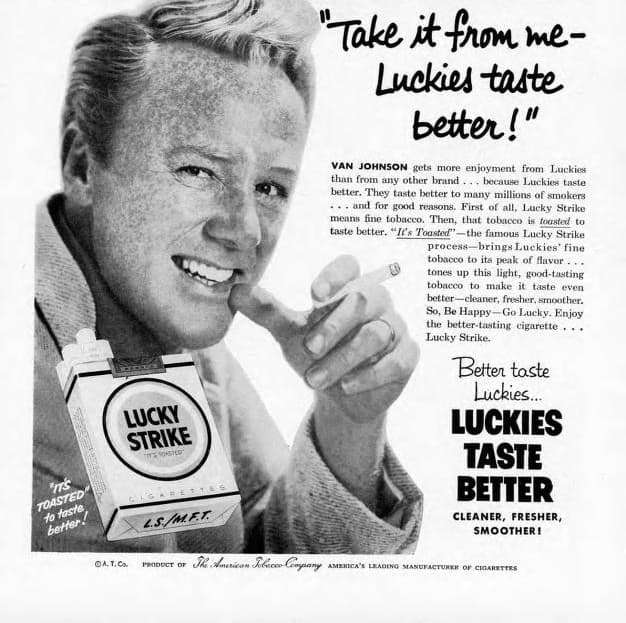 Vintage Lucky Strike advertisement with Van Johnson: "Take it from me, Luckies taste better!"